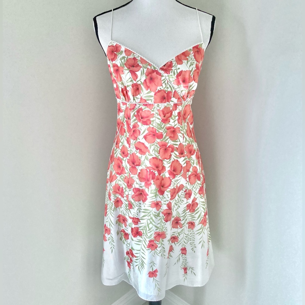 Ann Taylor White Slip Dress with Coral Floral Print